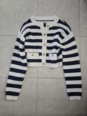 American Eagle Striped Navy and White Button-Front Cropped Sweater